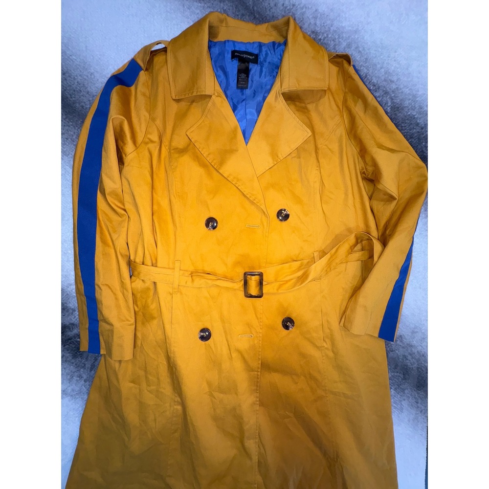 Ashley Stewart Mustard Yellow Trench Coat Blue Stripe Double Breasted Size 14/16